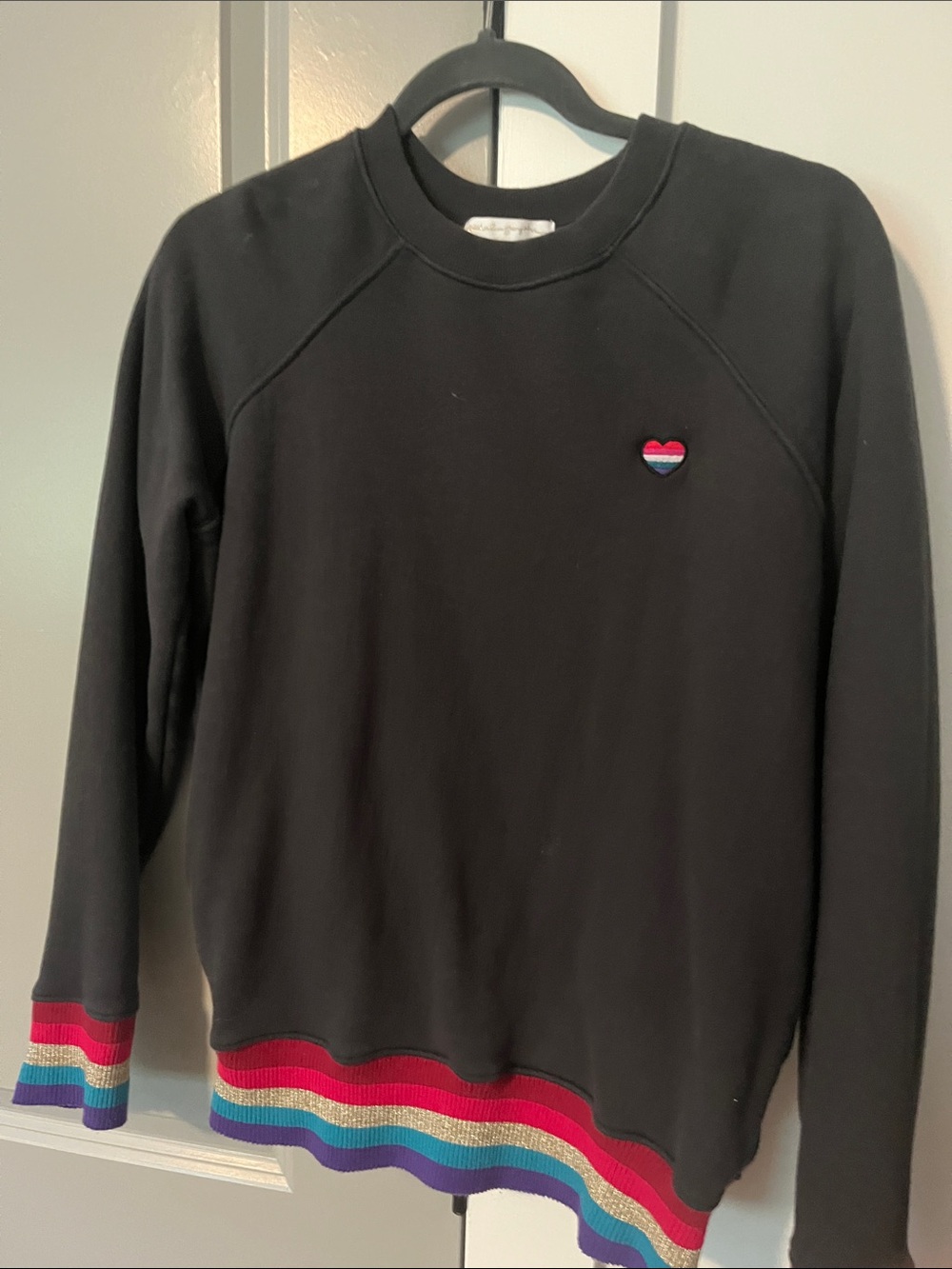 Spiritual Gangster Black Crewneck Sweater with Rainbow Hem & Heart Patch